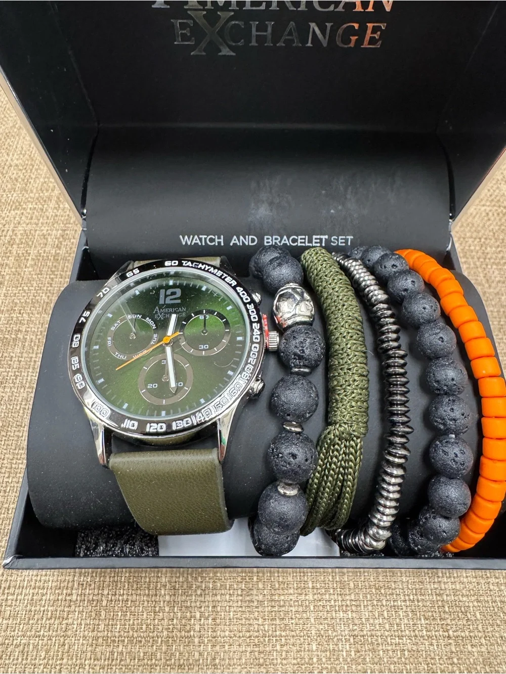 American Exchange Men's 5-Piece Watch & Bracelet Set Metal/Faux Leather Green